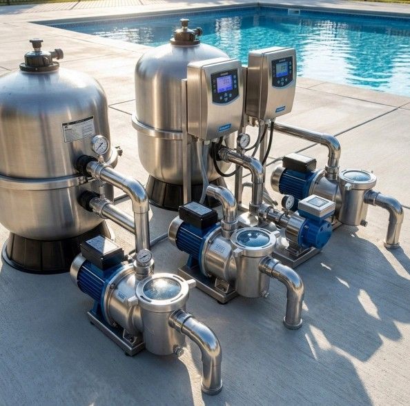 Pool filtration equipment beside a pool. Stainless steel filters, blue pumps, and control panels.