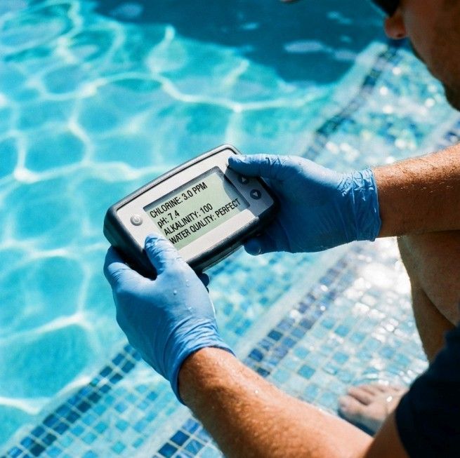 Person in blue gloves tests pool water with a digital reader, showing chlorine, pH, and alkalinity levels.