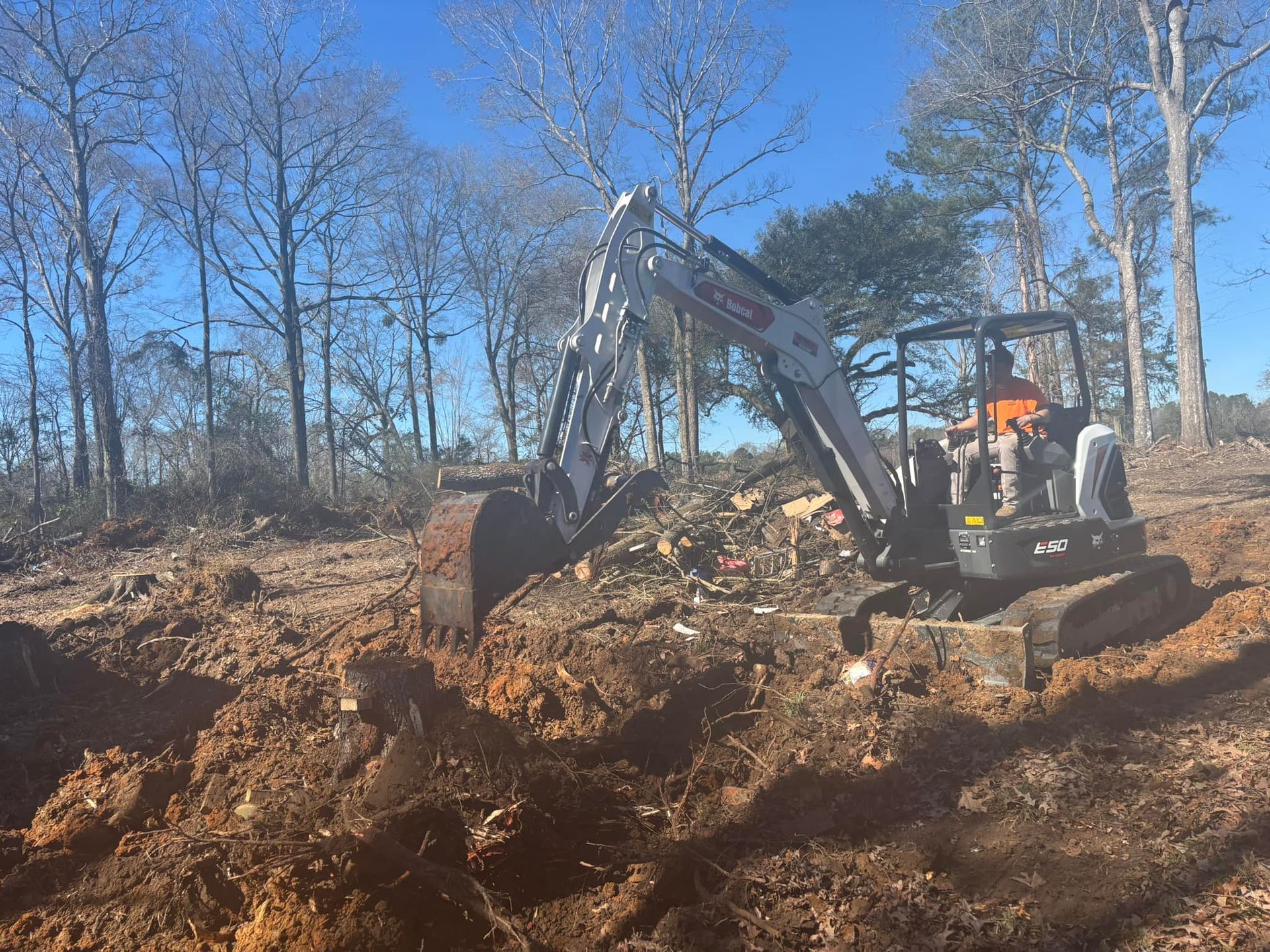 An excavator is digging a hole in the dirt in a forest.