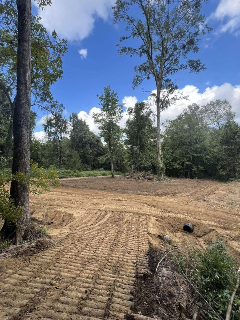 Cleared land with tire tracks, trees in the background, blue sky, and scattered clouds.