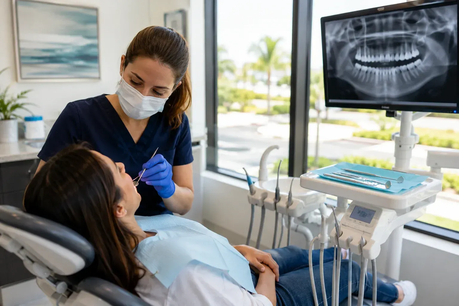 A dentist in scrubs and blue gloves examines a patient's teeth in a modern clinic, illustrating the guide on How Often Should You Get a Dental Cleaning in Greenacres, Florida?