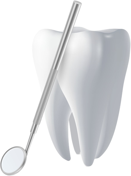 Tooth and dental mirror, white with silver handle, for dental check-up.