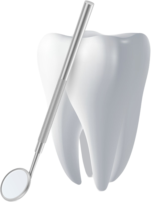 Tooth and dental mirror, white background.