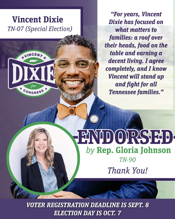 Vincent Dixie is endorsed by TN State Representative Gloria Johnson