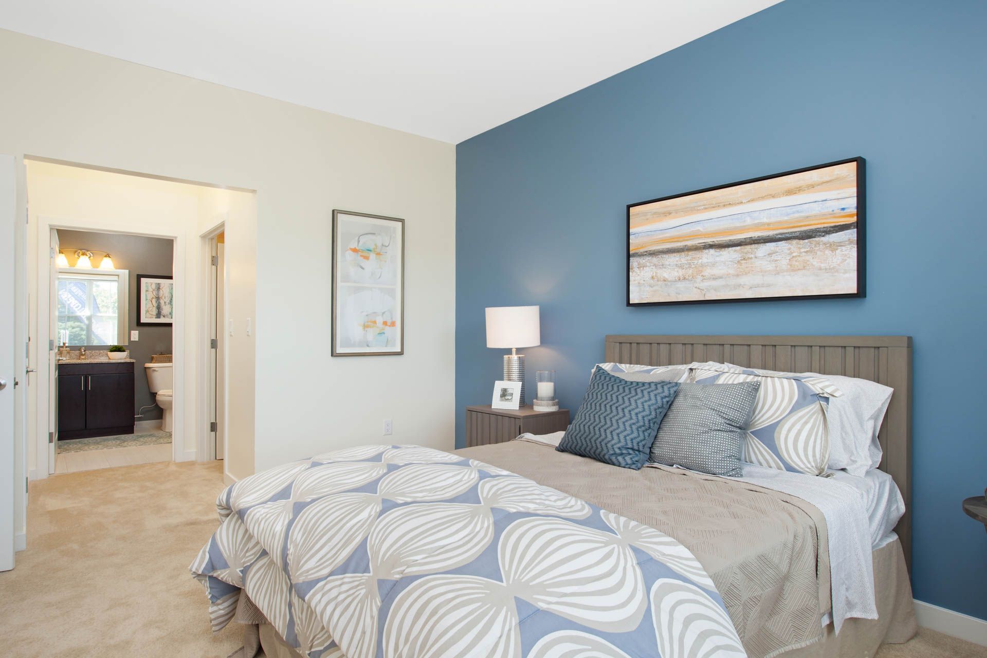 Apartment bedroom with bathroom  at The Residences At Great Pond.