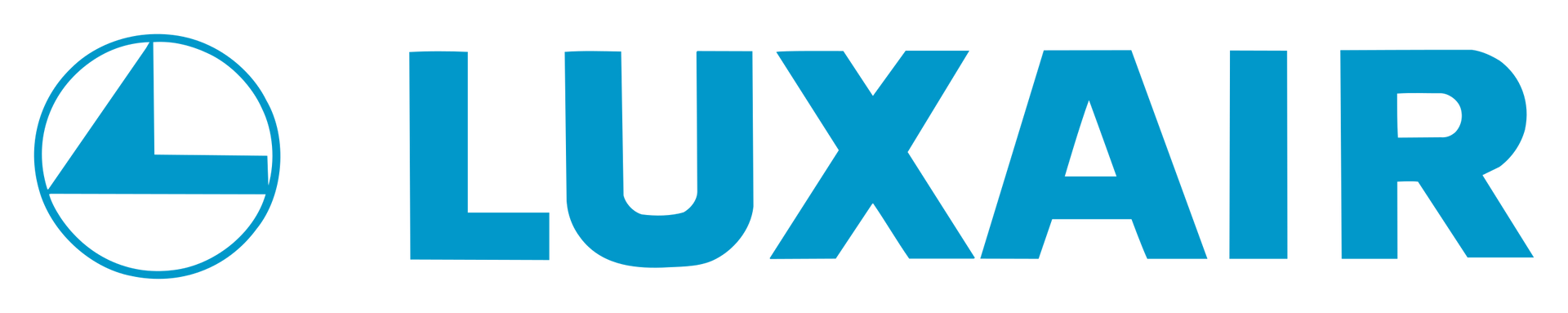 A blue luxair logo with a white circle around it