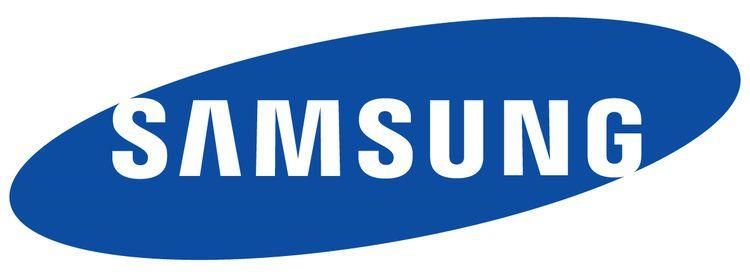 The samsung logo is blue and white on a white background.
