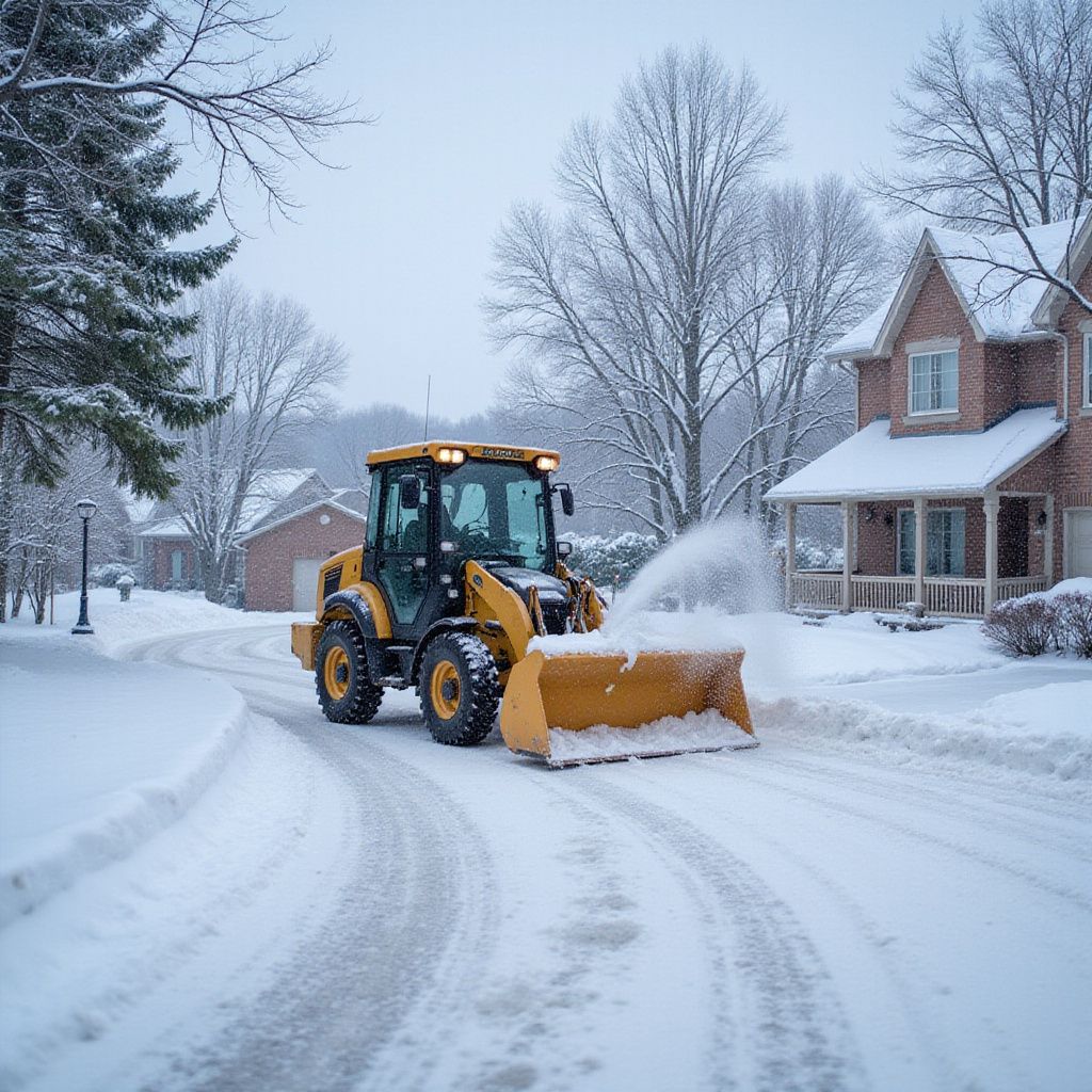 Yellow snowplow clearing snow from a residential street on a snowy day.