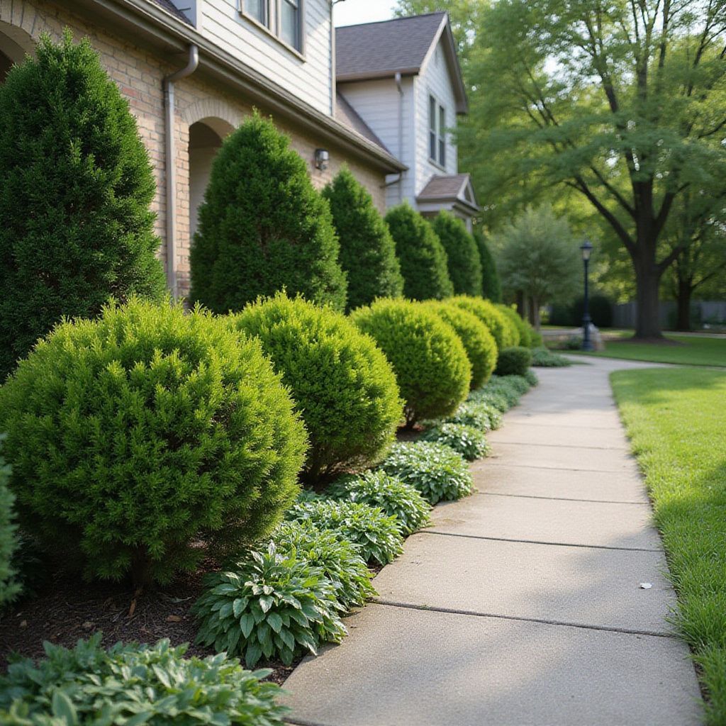 Green bushes and shrubs line a sidewalk in front of a house.