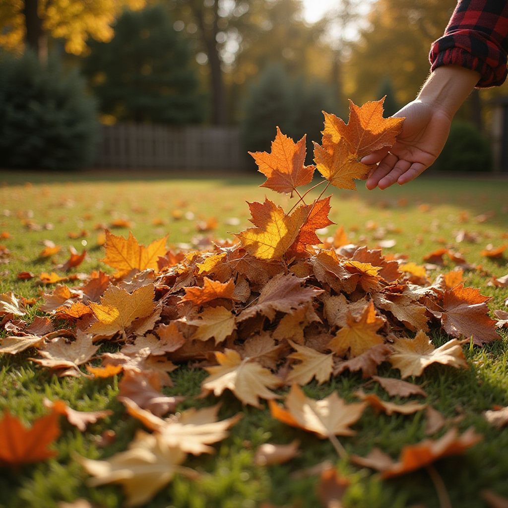 Hand gathering orange and yellow fall leaves on a grassy lawn.