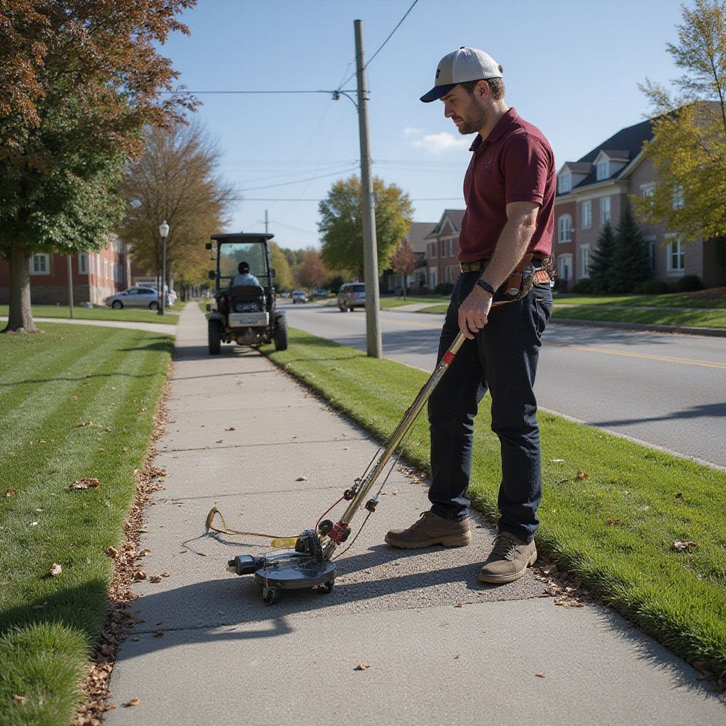 Man operating a sidewalk cleaning machine, next to a street. Tractor in background. Sunny day.
