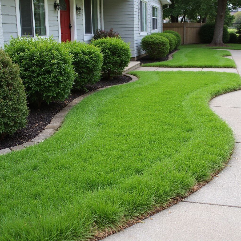 Green lawn curving between a concrete walkway and shrubs in front of a house.