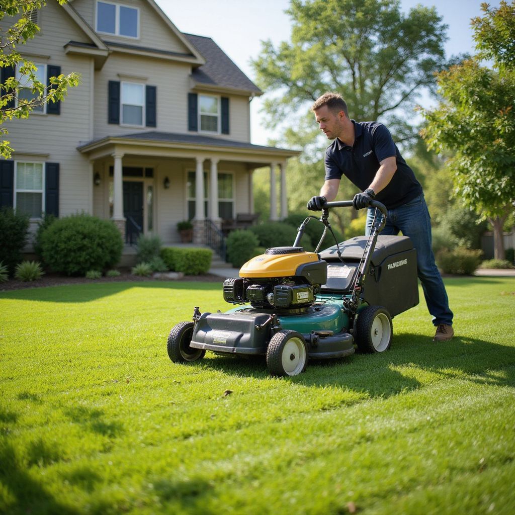 Man mowing a green lawn in front of a two-story house with a push mower on a sunny day.