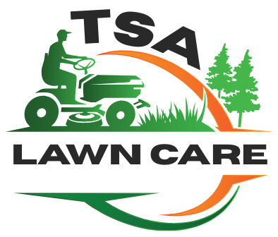TSA Lawn Care logo featuring a riding lawn mower, grass, trees, and an arch.