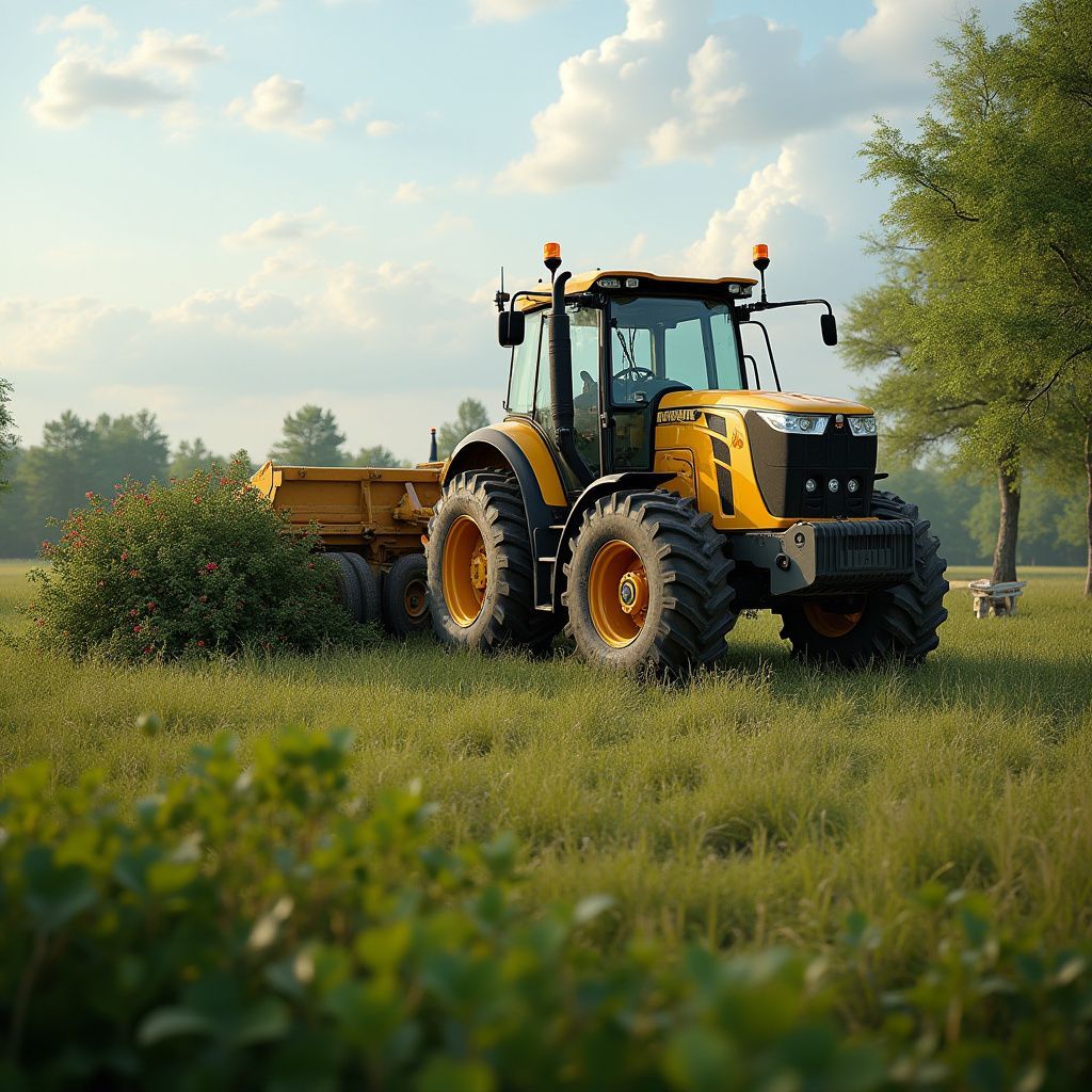 Yellow tractor with a trailer in a field, under a cloudy sky.