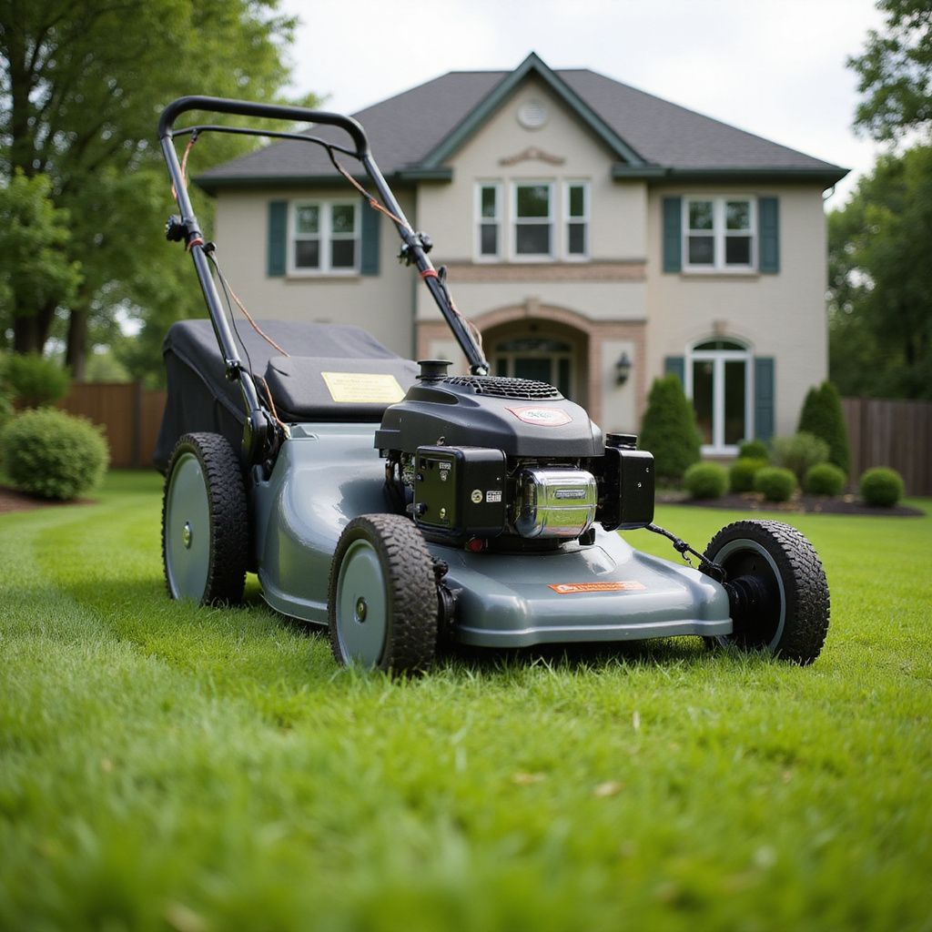Lawnmower on a green lawn in front of a two-story house with green shutters.