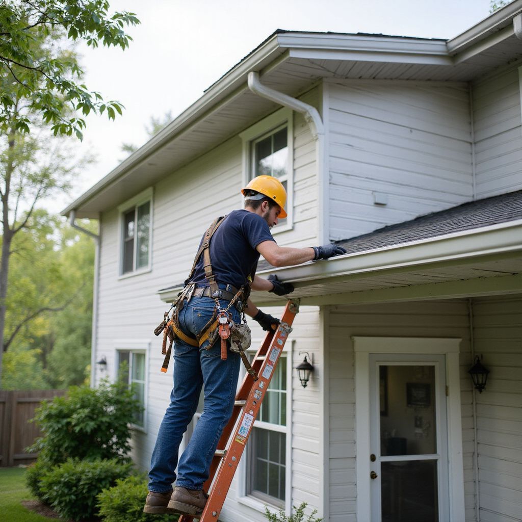 Person on a ladder cleaning a gutter on a two-story house, wearing a hard hat and safety harness.