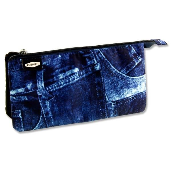 3 Pocket Flat Pencil Case - Denim