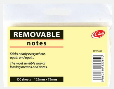 Removable Notes Yellow 125 x 75mm