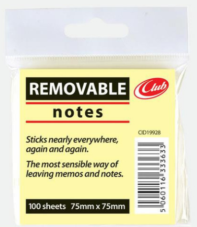Removable Notes Yellow 75 x 75mm