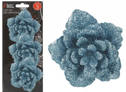 Set Of 3 Clip-on Glitter Flowers Ice Blu