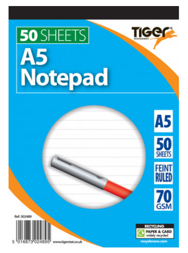 A5 Notepad Top Bound Ruled 70gsm