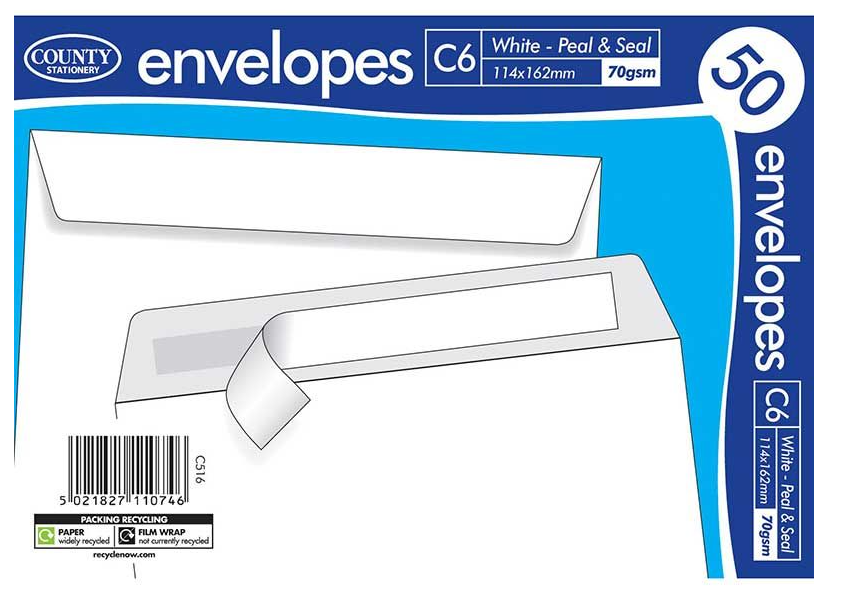 50PK C6 WHITE PEEL & SEAL ENVELOPES