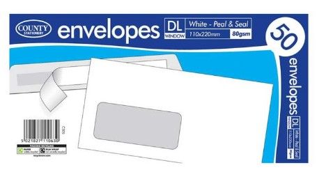 50PK DL WHITE WINDOW PEEL & SEAL ENVELOP