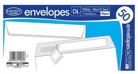 50PK DL WHITE PEEL & SEAL ENVELOPES