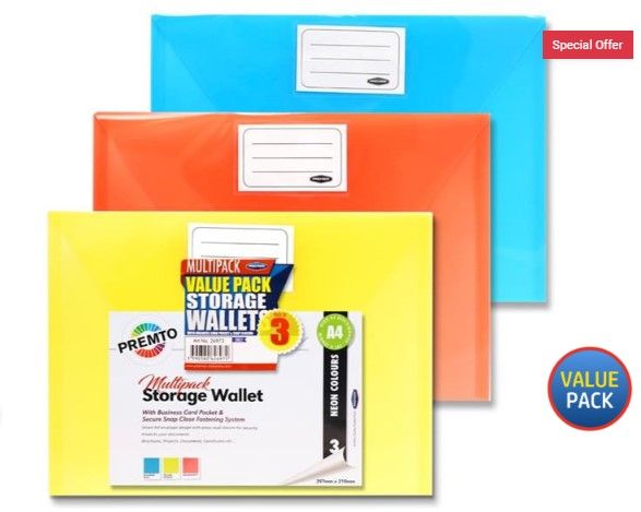 Pkt.3 A4 Button Storage Wallets