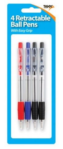 Retractable Ball Point Pens Pack 4