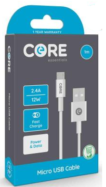 Core Micro USB Cable 1m TPE White 2.4A/12W Fast Charge