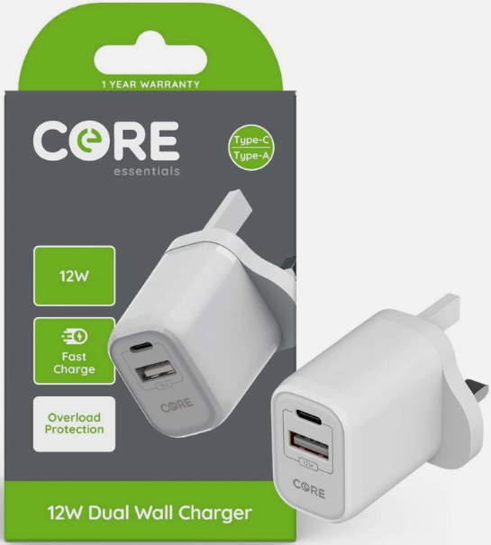 Core Type-C/A 12W Dual Wall Charger