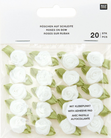 Roses on bow with adhesive dot, white, 20 pieces, 1.2 x 2.5cm
