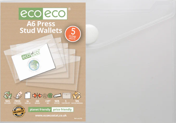 Pack 5 A6 95% Recycled Clear Press Stud Wallets