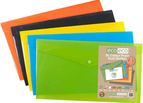 Pack 5 DL 50% Recycled Colour Press Stud Wallets