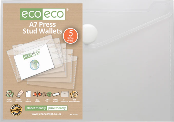 Pack 5 A7 95% Recycled Clear Press Stud Wallets
