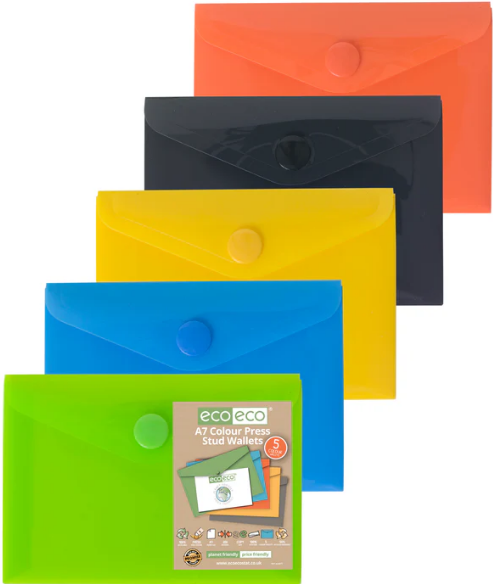 Pack 5 A7 50% Recycled Colour Press Stud Wallets