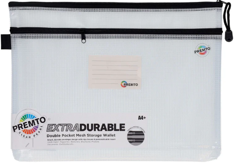 PREMTO A4+ EXTRA DURABLE  DOUBLE POCKET MESH  STORAGE WALLET - CLEAR  PEARL