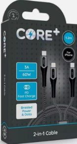CORE+ 2-in-1 Cable 1.2m Braided Black 3A/60W PD