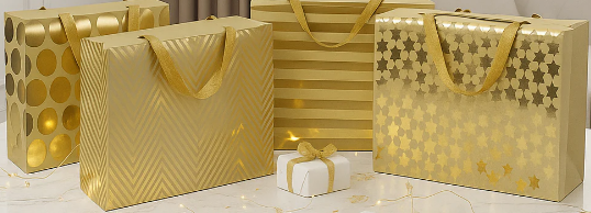 Gold Print Gift Bags - Pack of 12 18 x 12 x 8 cm Brown