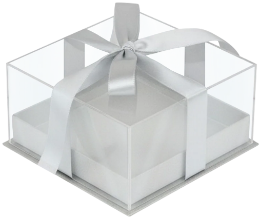 SILVER Acrylic Gift Box With Clear Lid and Ribbon 12 x 12 cm