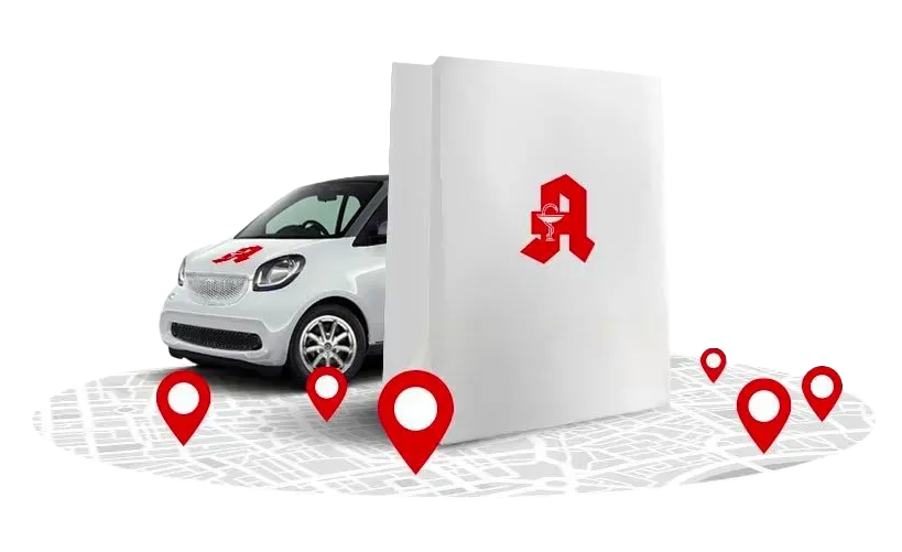 Auf einer Karte parkt ein weißes Auto neben einem weißen Kästchen.