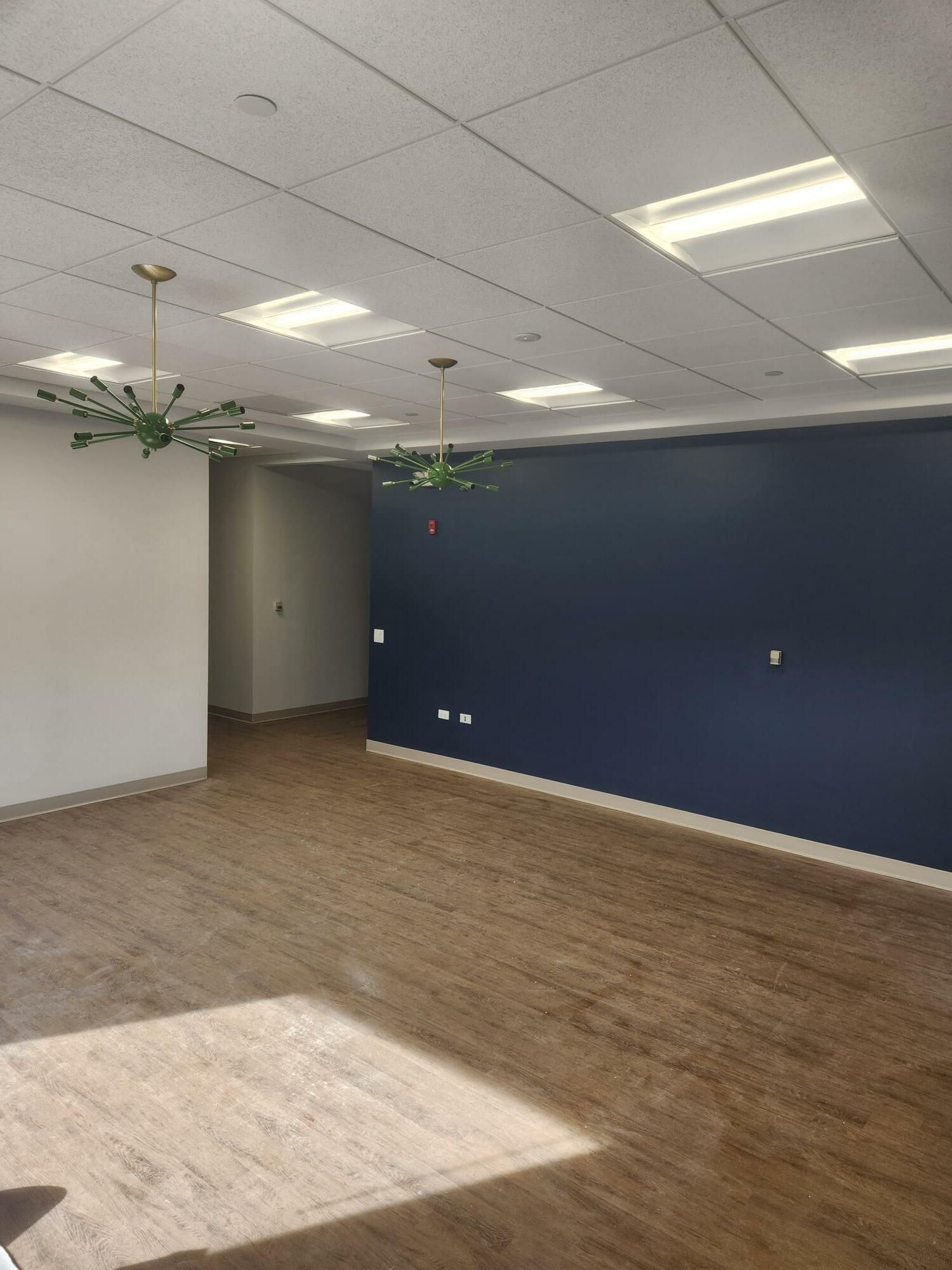 A large empty room with blue walls and wooden floors
