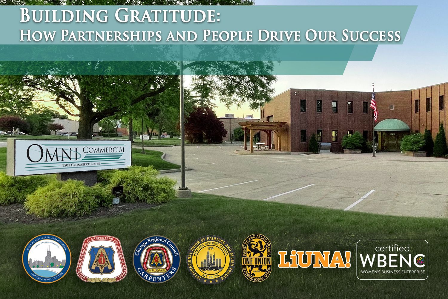 Omni Window building with logo, text: