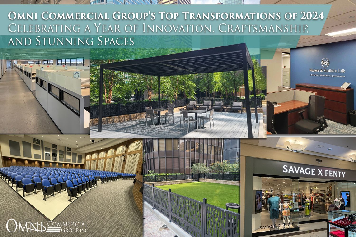 A collage of pictures of a building with the words `` omni commercial group 's top transformations of 2024 ''
