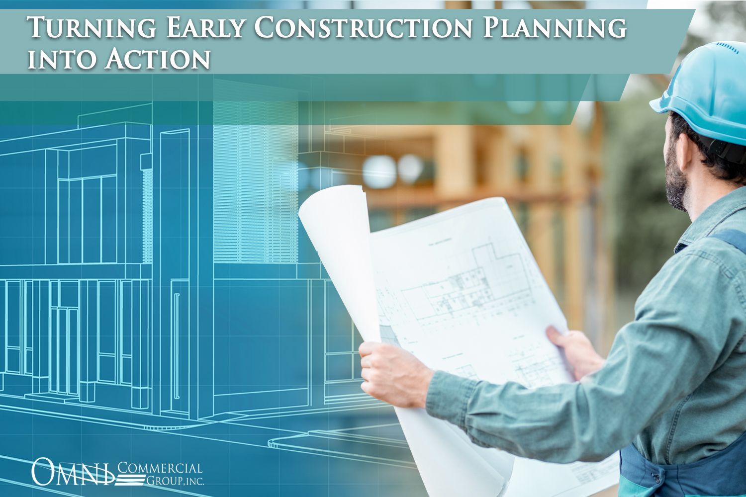 Construction worker looking at blueprints at a building site.