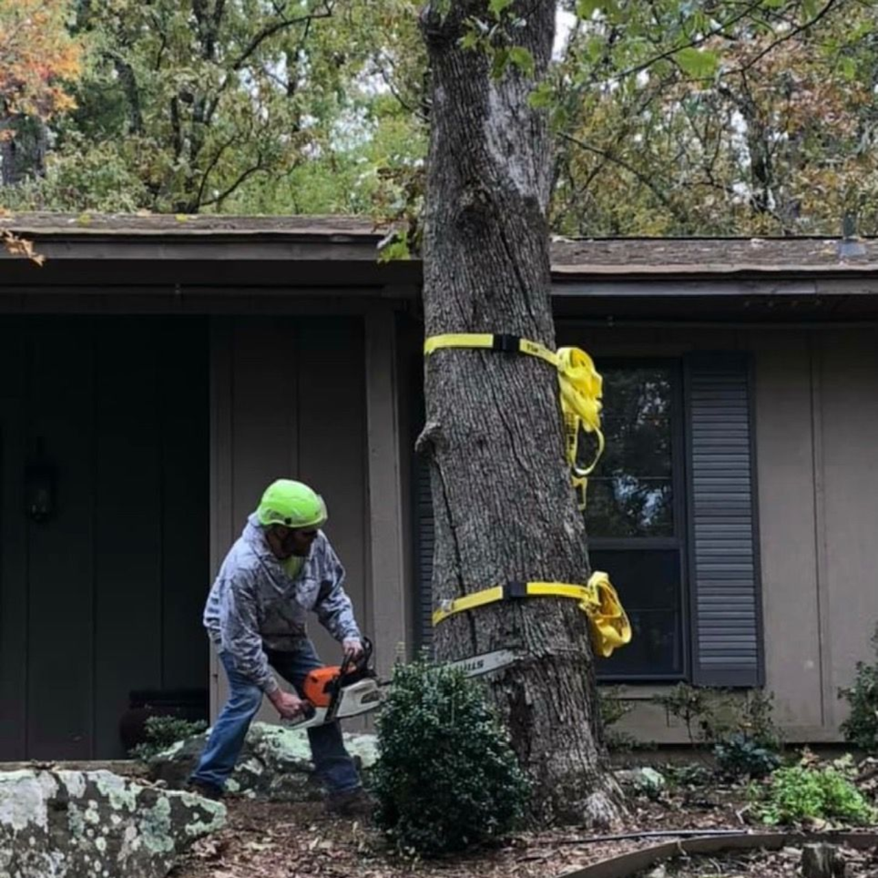Person using an orange chainsaw to cut a tree branch, wood chips flying, outdoors.