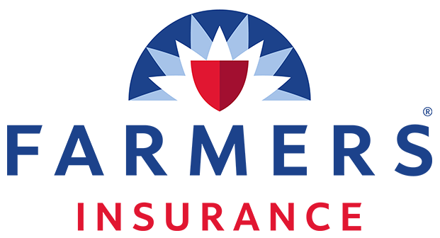 Farmers Insurance logo with a blue, red, and white design. The text reads 
