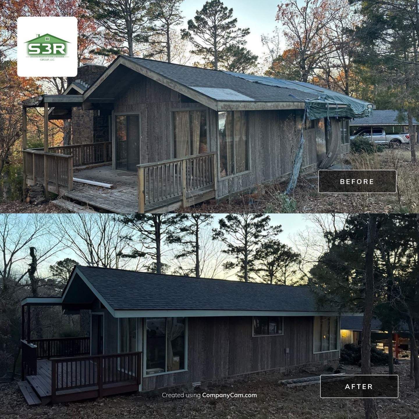 Red brick house with gray roof, white garage door, porch, and driveway on a sunny day.